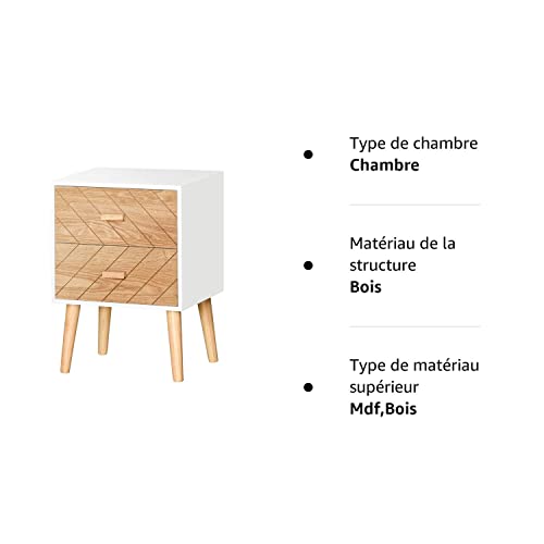 Table de Nuit Table de Nuit Design scandinave avec Pied en Bois Massif 40L x 30l x 56H cm Blanc et hêtre Motif Graphique