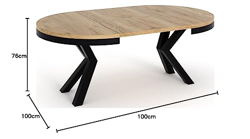 Table à Manger Ronde Extensible - Table Style Loft avec Pieds en Métal - Table Style Industriel pour Le Salon Séjour - Gain de Place - Chêne Lefkas- Noir - 100 cm - TABLE BOIS