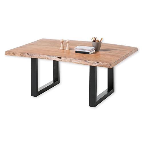 Table Basse en Bois d'acacia Massif avec Armature en métal Noir, 110 x 45 x 70 cm