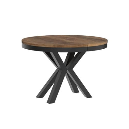 Table à Manger Ronde Extensible - Table Style Loft avec Pieds en Métal - Table Style Industriel pour Le Salon Séjour - Gain de Place - Chêne Lefkas- Noir - 100 cm - TABLE BOIS