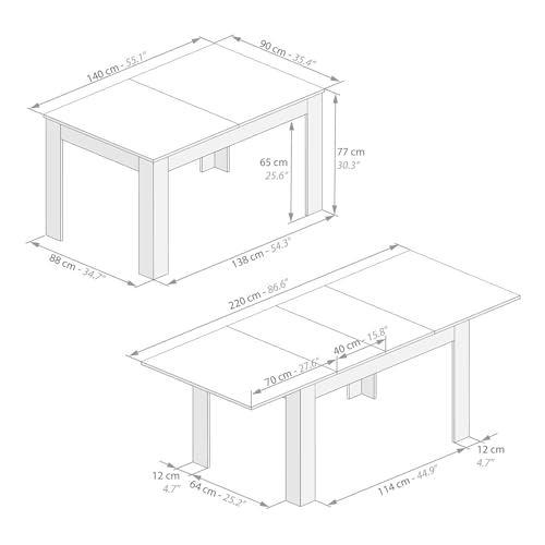 Table Extensible Cuisine, Easy, 140(220) x90 cm, Chêne Naturel, pour 6-10 Personnes, Table Extensible pour Cuisine, Made in Italy