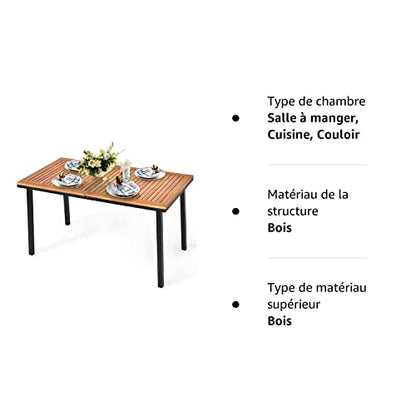 Table de Salle à Manger en Bois d’Acacia, Table de Jardin avec Trou de Parapluie et Cadre en Acier, Convient pour Terrasse, Jardin, Patio, pour 6-8 Personnes, 140x75x76CM