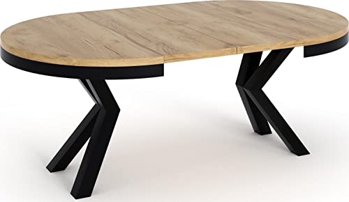 Table à Manger Ronde Extensible - Table Style Loft avec Pieds en Métal - Table Style Industriel pour Le Salon Séjour - Gain de Place - Chêne Lefkas- Noir - 100 cm - TABLE BOIS