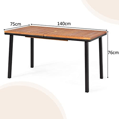 Table de Salle à Manger en Bois d’Acacia, Table de Jardin avec Trou de Parapluie et Cadre en Acier, Convient pour Terrasse, Jardin, Patio, pour 6-8 Personnes, 140x75x76CM