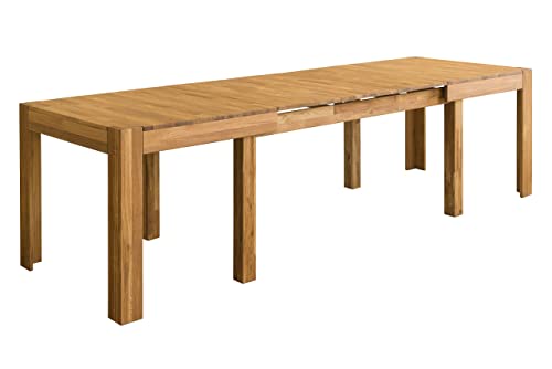 Table de salle à manger extensible XL 160-280 cm en bois massif chêne, idéale pour cuisine, salon, meubles de style rustique nordique, couleur chêne naturel