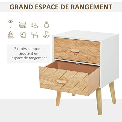 Table de Nuit Table de Nuit Design scandinave avec Pied en Bois Massif 40L x 30l x 56H cm Blanc et hêtre Motif Graphique