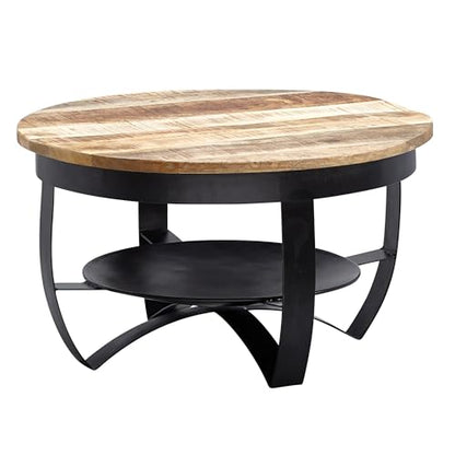 Table Basse Mango en Bois Massif/Metal Noir 60 x 34 x 60 cm | Table d'appoint de Style Moderne | Table de Salon Rond - TABLE BOIS