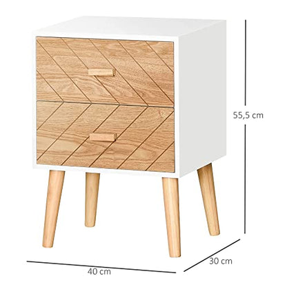 Table de Nuit Table de Nuit Design scandinave avec Pied en Bois Massif 40L x 30l x 56H cm Blanc et hêtre Motif Graphique