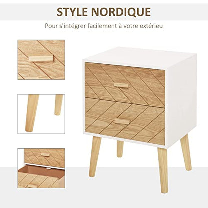 Table de Nuit Table de Nuit Design scandinave avec Pied en Bois Massif 40L x 30l x 56H cm Blanc et hêtre Motif Graphique