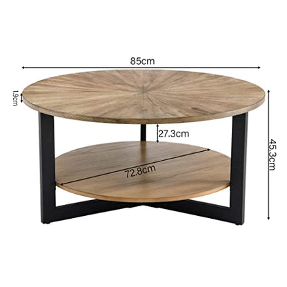 Table Basse Ronde en Bois Massif, Table de Salon, Table de canapé, Structure en métal, Table Basse à 2 étages, Table Basse,Facile à Monter - TABLE BOIS