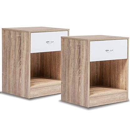 Lot de 2 Tables de Chevet Bois façon hêtre et tiroir Blanc