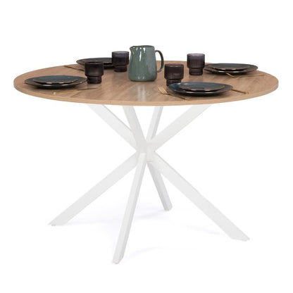 Table à Manger Ronde Alix 4-6 Personnes Pied araignée Bois et Blanc 110 cm - TABLE BOIS