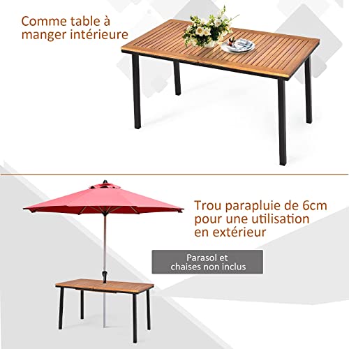 Table de Salle à Manger en Bois d’Acacia, Table de Jardin avec Trou de Parapluie et Cadre en Acier, Convient pour Terrasse, Jardin, Patio, pour 6-8 Personnes, 140x75x76CM