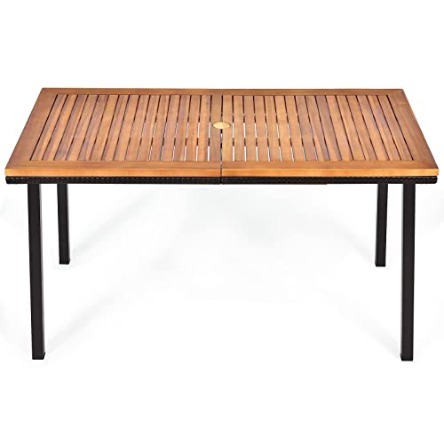 Table de Salle à Manger en Bois d’Acacia, Table de Jardin avec Trou de Parapluie et Cadre en Acier, Convient pour Terrasse, Jardin, Patio, pour 6-8 Personnes, 140x75x76CM