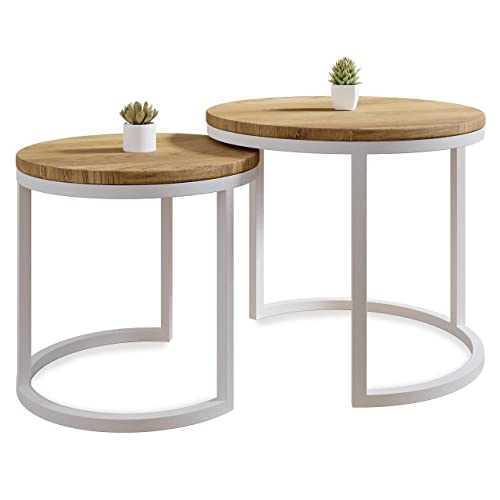 Lot de 2 Tables Basses Gigognes de Salon Faites à la Main en Bois Massif de Chêne Naturel au Design Industriel Minimaliste Moderne, Ronde, Ø50x43 cm / Ø40x38 cm - TABLE BOIS