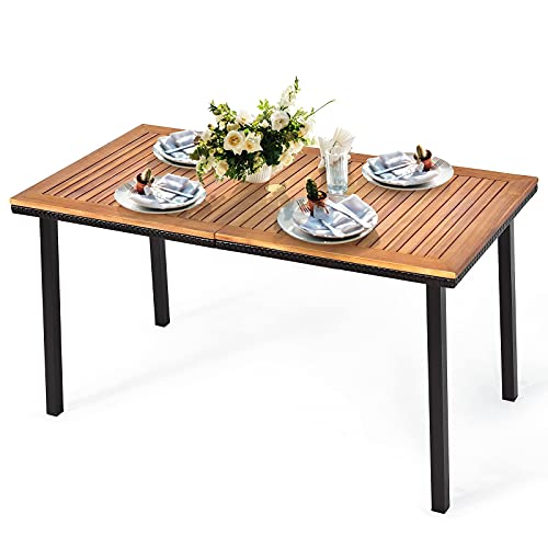 Table de Salle à Manger en Bois d’Acacia, Table de Jardin avec Trou de Parapluie et Cadre en Acier, Convient pour Terrasse, Jardin, Patio, pour 6-8 Personnes, 140x75x76CM