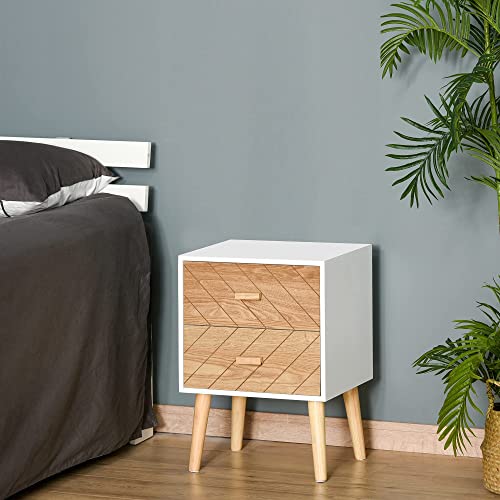 Table de Nuit Table de Nuit Design scandinave avec Pied en Bois Massif 40L x 30l x 56H cm Blanc et hêtre Motif Graphique