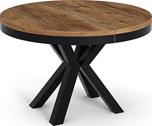 Table à Manger Ronde Extensible - Table Style Loft avec Pieds en Métal - Table Style Industriel pour Le Salon Séjour - Gain de Place - Chêne Lefkas- Noir - 100 cm - TABLE BOIS