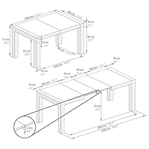 Table à Manger Extensible, Iacopo, 140(220) x90 cm, Noyer, pour 6-10 Personnes, Table Extensible pour Cuisine, Salon, Made in Italy