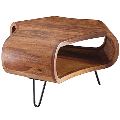 Table Basse Bois Massif Sheesham 55 x 38 x 55 cm Table de Salon | Table d'appoint Design Moderne | Meubles en Bois Naturel Table de Sofa | Table en Bois Massif avec Cadre en métal