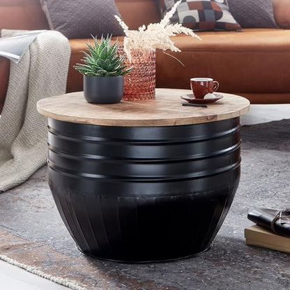 Table Basse Mango en Bois Massif/Metal Noir 60 x 41 x 60 cm | Table d'appoint de Style Moderne | Table de Salon avec Espace de Stockage Rond - TABLE BOIS