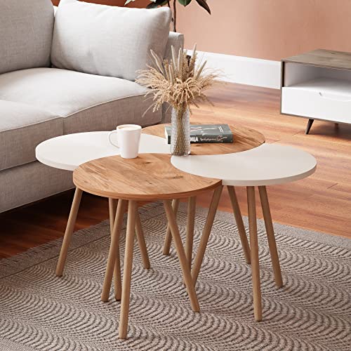 Set de 4 Tables Basses Emboîtables Tables d'Appoint pour Salon Chambre Panneau de Particules Bois de Hêtre 48 x 77 x 77 cm Blanc Effet Bois Naturel - TABLE BOIS