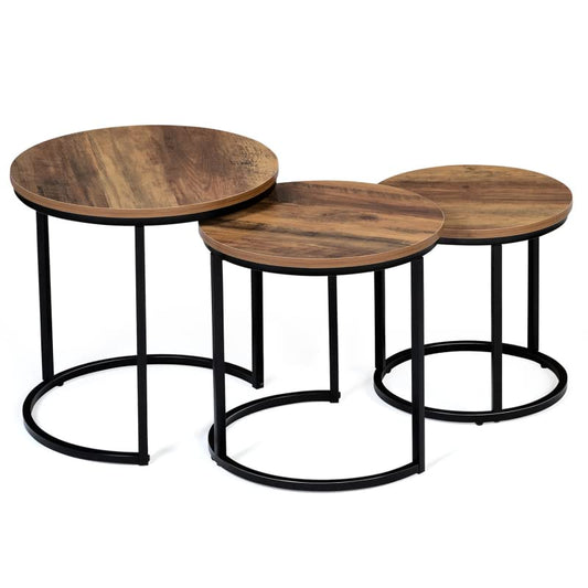 Lot de 3 Tables Basses gigognes Hawkins Rondes 30/40/45 Bois foncé Design Industriel - TABLE BOIS