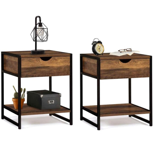 Lot de 2 Tables de Chevet Bois foncé Design Industriel