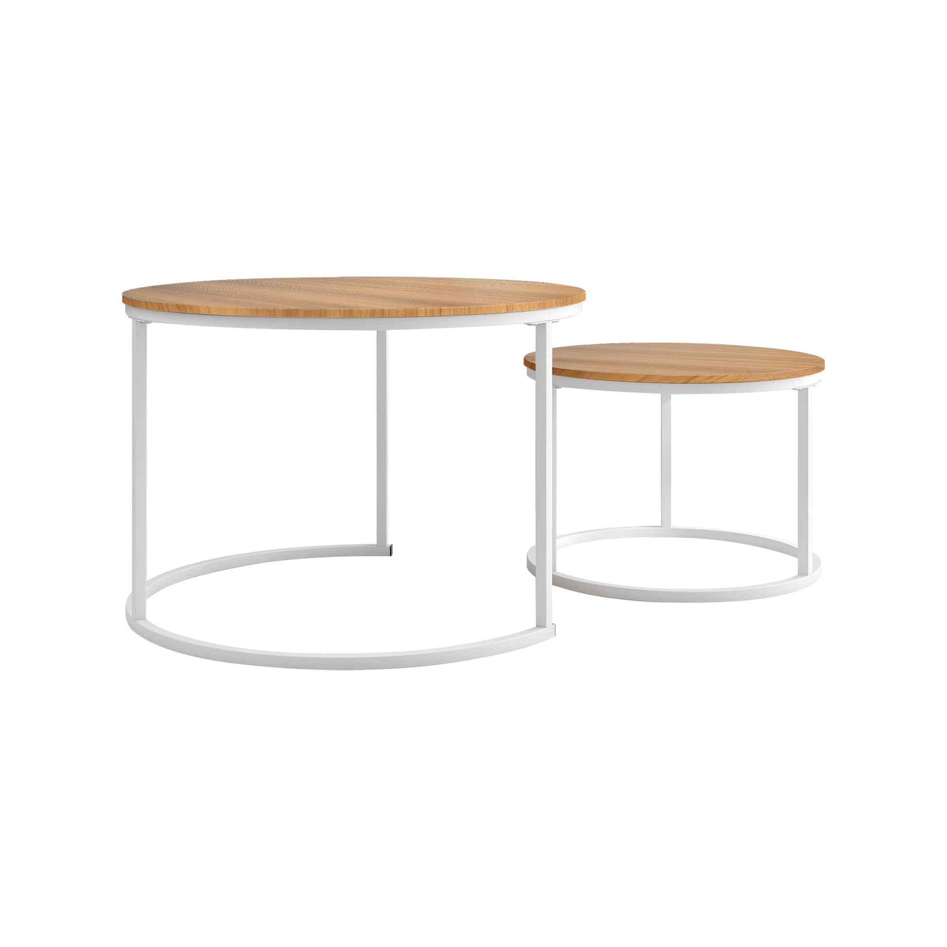 Lot de 2 tables basses gigognes rondes pour salon/chambre/petit espace (blanc + chêne) - TABLE BOIS