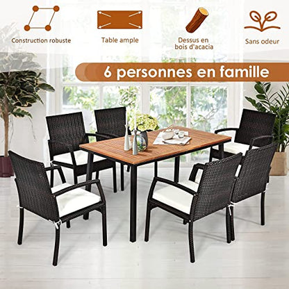 Table de Salle à Manger en Bois d’Acacia, Table de Jardin avec Trou de Parapluie et Cadre en Acier, Convient pour Terrasse, Jardin, Patio, pour 6-8 Personnes, 140x75x76CM