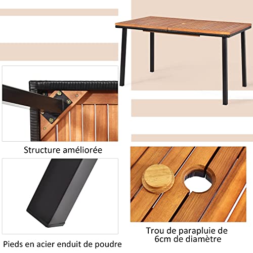 Table de Salle à Manger en Bois d’Acacia, Table de Jardin avec Trou de Parapluie et Cadre en Acier, Convient pour Terrasse, Jardin, Patio, pour 6-8 Personnes, 140x75x76CM