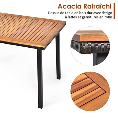 Table de Salle à Manger en Bois d’Acacia, Table de Jardin avec Trou de Parapluie et Cadre en Acier, Convient pour Terrasse, Jardin, Patio, pour 6-8 Personnes, 140x75x76CM