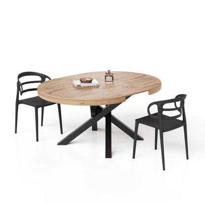 Table Ronde Extensible Emma, 120-160 cm, Bois Rustique, avec Pieds Noirs croisés, pour 4-6 Personnes, Table Extensible pour Cuisine, Salon, Made in Italy - TABLE BOIS