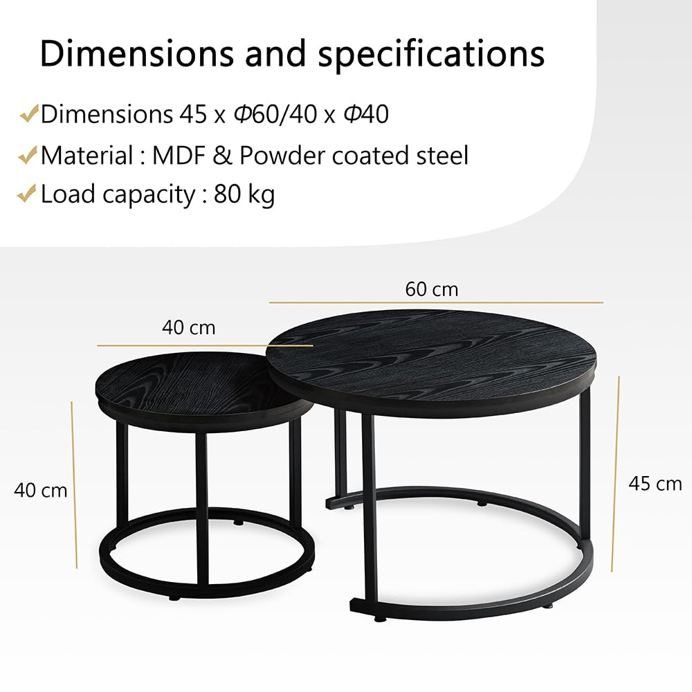 Table Basse Ronde en Bois Set de 2 - Table Basse Ronde Aspect Bois Noir avec Structure métallique Noire - Table Moderne pour Salon, Chambre à Coucher & Balcon, Ø60 Ø40cm - TABLE BOIS