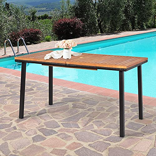 Table de Salle à Manger en Bois d’Acacia, Table de Jardin avec Trou de Parapluie et Cadre en Acier, Convient pour Terrasse, Jardin, Patio, pour 6-8 Personnes, 140x75x76CM