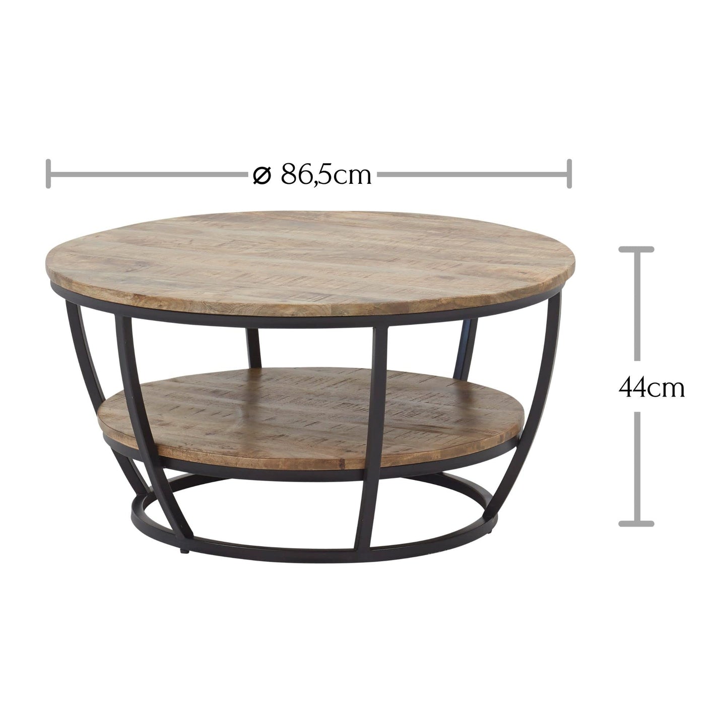 Table Ronde Massif Mangue – Table Basse de qualité supérieure avec Structure en métal Noir, Bois de manguier, 86,5 x 44 x 86,5 cm