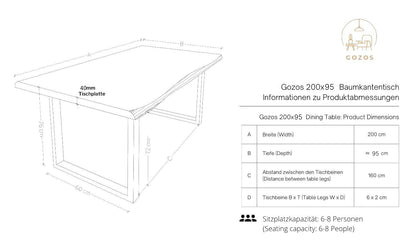 Table à Manger en Bois Massif, Table Fait Main de Cuisine et de Salon en Bois de Pin Massif avec U-Pieds en Métal Laqué, 40 mm d'épaisseur, 6-8 Personnes, 200 x 100 cm - TABLE BOIS