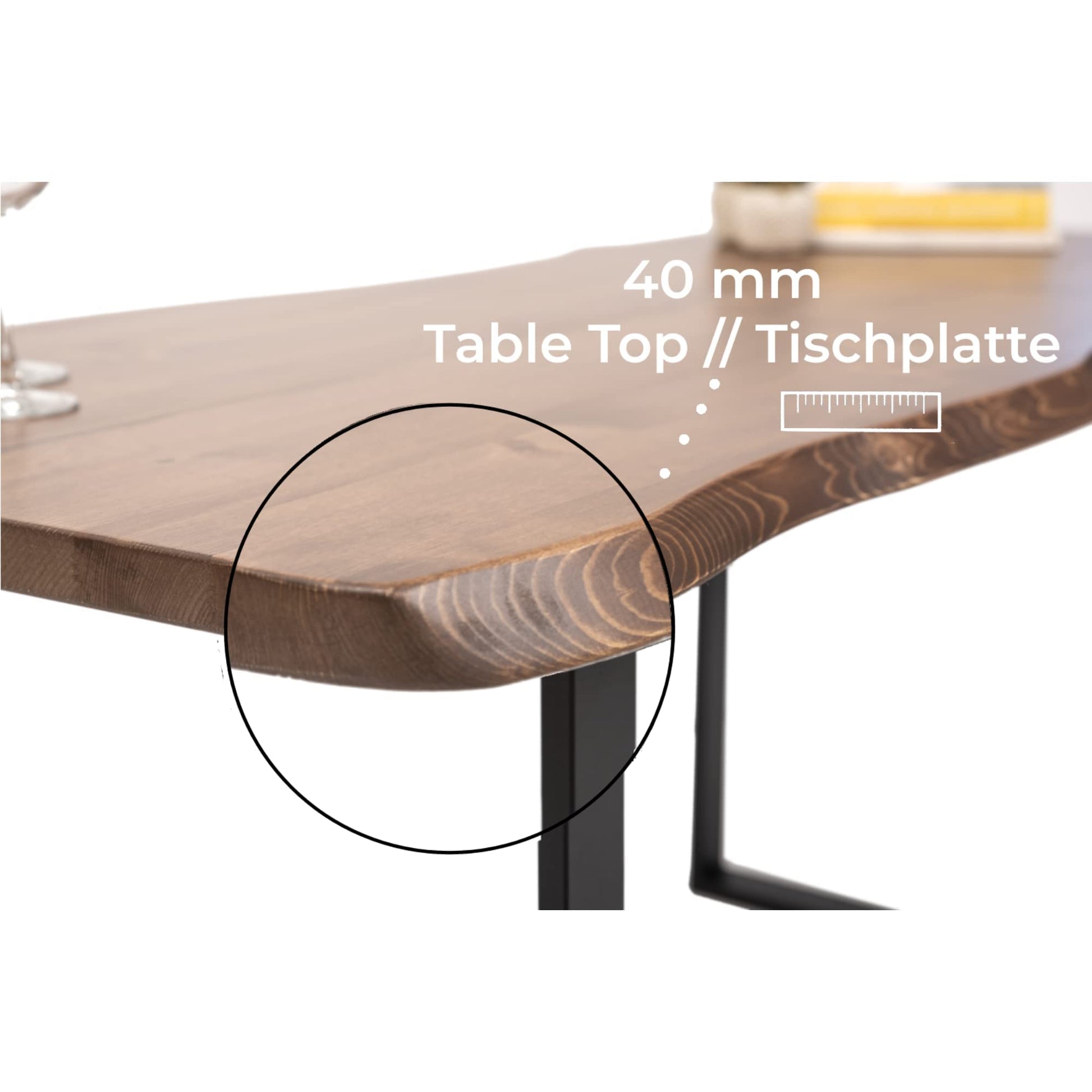 Table à Manger en Bois Massif, Table Fait Main de Cuisine et de Salon en Bois de Pin Massif avec U-Pieds en Métal Laqué, 40 mm d'épaisseur, 6-8 Personnes, 200 x 100 cm - TABLE BOIS