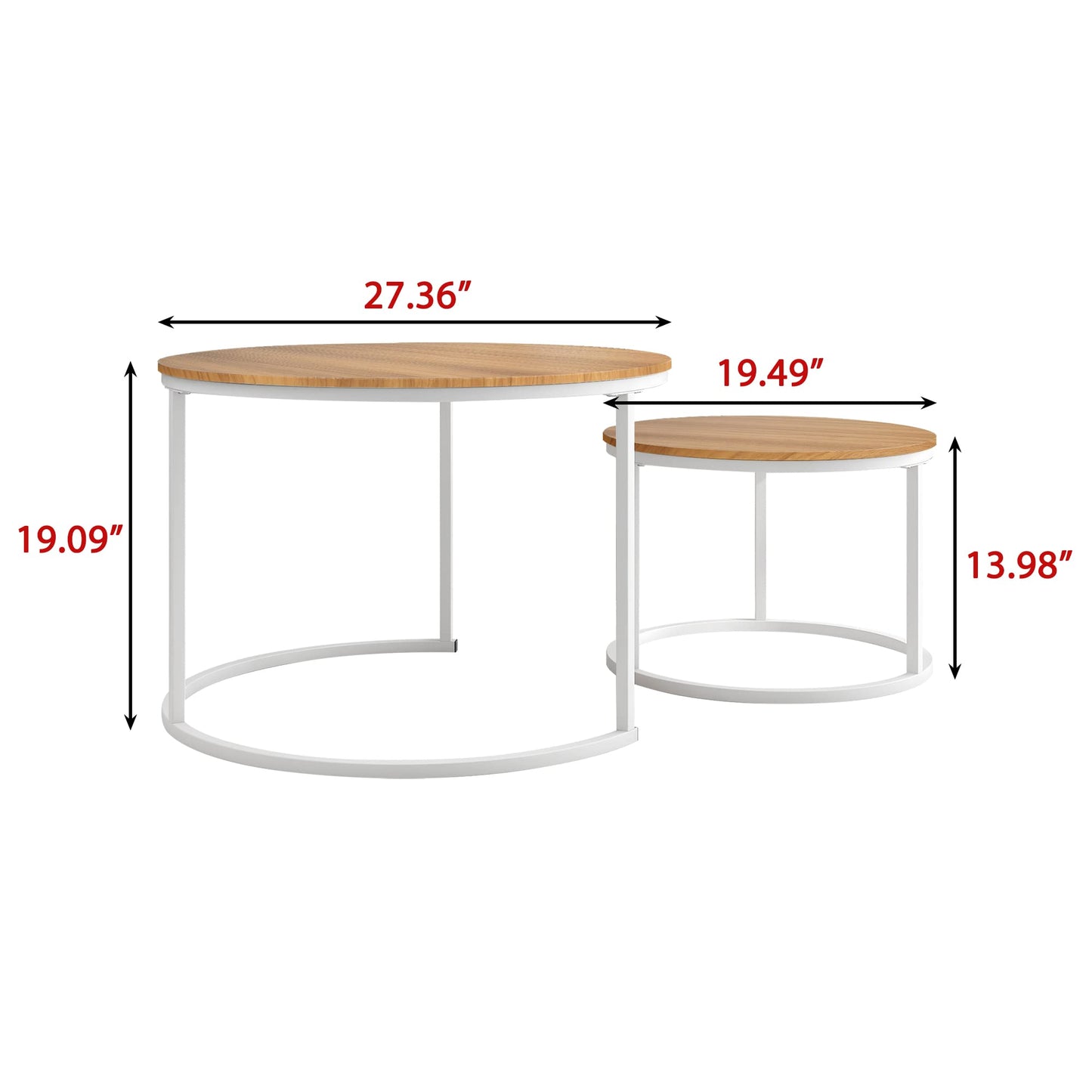 Lot de 2 tables basses gigognes rondes pour salon/chambre/petit espace (blanc + chêne) - TABLE BOIS