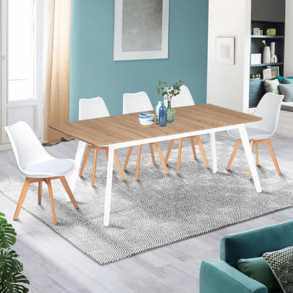 Table scandinave Extensible Rectangle Inga 6-8 Personnes Plateau Bois Pieds Blancs 160-200 cm