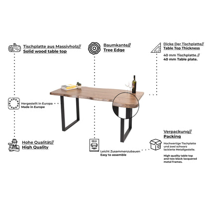 Table à Manger en Bois Massif, Table Fait Main de Cuisine et de Salon en Bois de Pin Massif avec U-Pieds en Métal Laqué, 40 mm d'épaisseur, 6-8 Personnes, 200 x 100 cm - TABLE BOIS