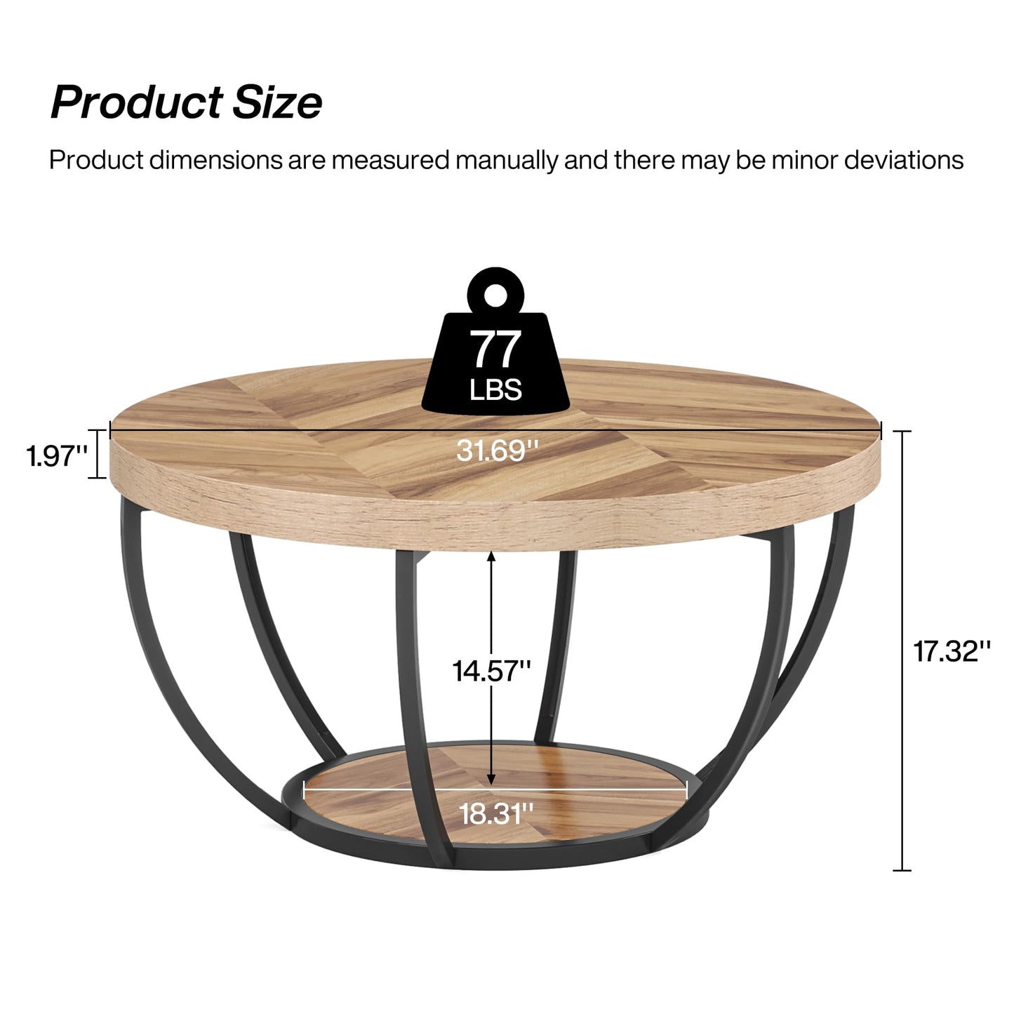 Table basse ronde de cocktail industrielle moderne à 2 niveaux avec étagères, table d'appoint de canapé circulaire avec pieds en métal pour le salon, la maison, grain de bois - TABLE BOIS