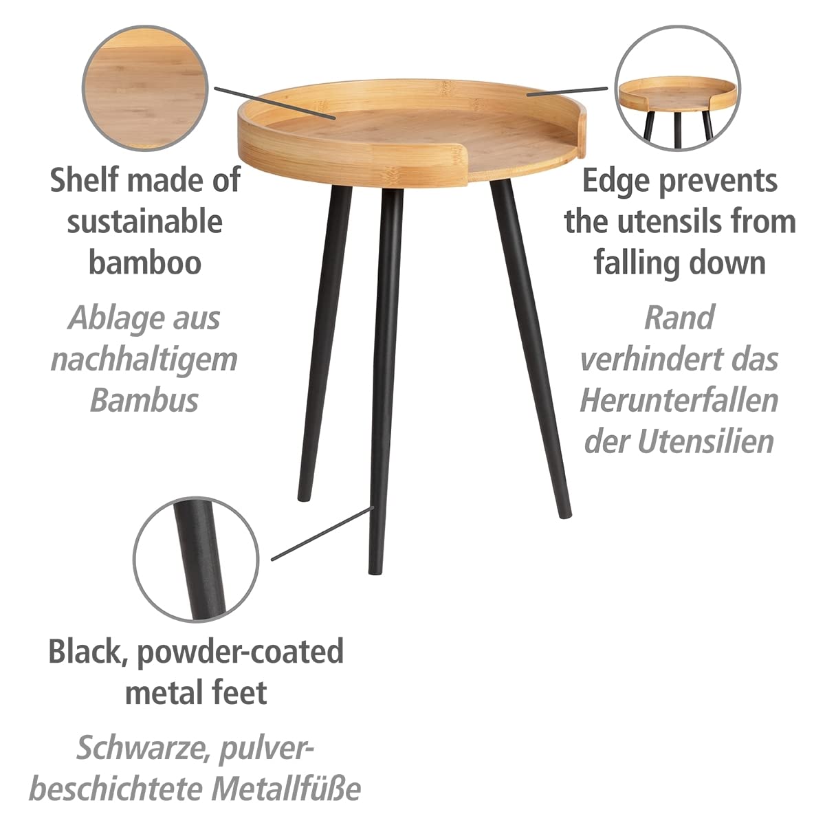 Table Basse Ronde, Table d'appoint Bout de canapé Bois, Table d'appoint pour Le Salon, Meuble de Salon Tendance Pied métal Noir, Bois Bambou, Ø 40 x 50 cm - TABLE BOIS