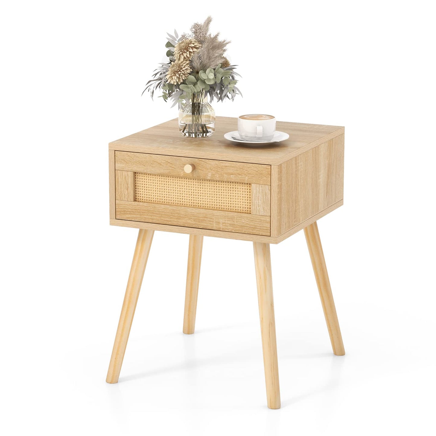 Table de Chevet en Rotin, Table de Nuit Bois avec Tiroir et 4 Pieds en Pin, Chevet de Lit pour Chambre, Salon, Style Naturel, 40 x 40 x 55 cm