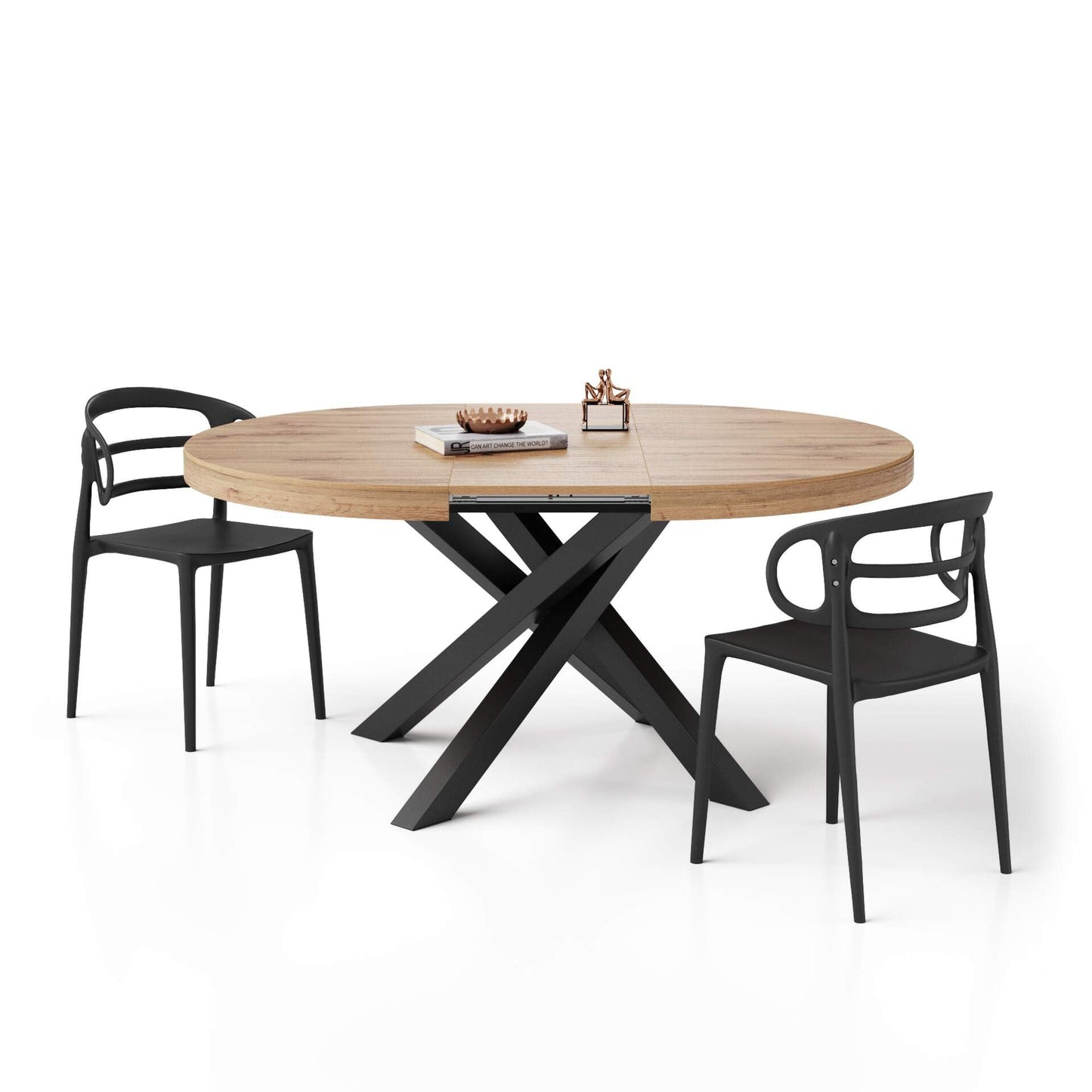 Table Ronde Extensible Emma, 120-160 cm, Bois Rustique, avec Pieds Noirs croisés, pour 4-6 Personnes, Table Extensible pour Cuisine, Salon, Made in Italy - TABLE BOIS