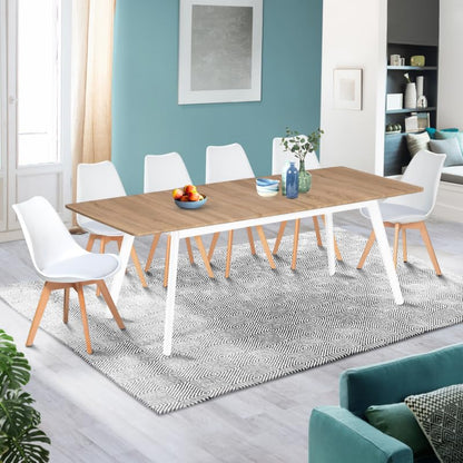 Table scandinave Extensible Rectangle Inga 6-8 Personnes Plateau Bois Pieds Blancs 160-200 cm