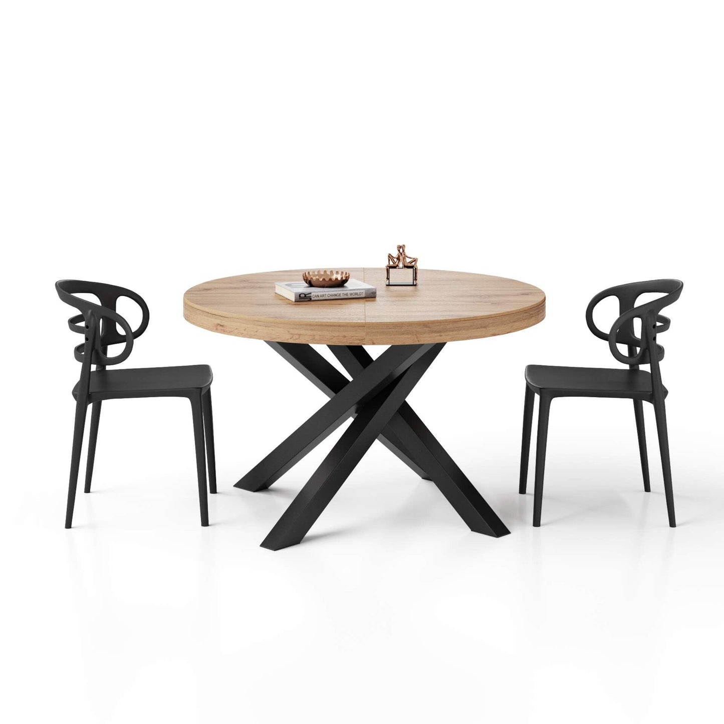 Table Ronde Extensible Emma, 120-160 cm, Bois Rustique, avec Pieds Noirs croisés, pour 4-6 Personnes, Table Extensible pour Cuisine, Salon, Made in Italy - TABLE BOIS