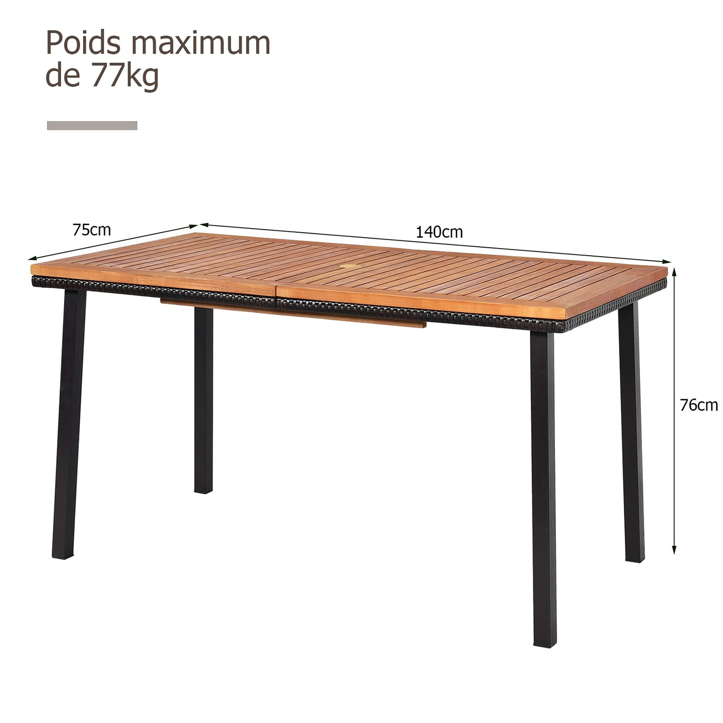 Table de Jardin Extérieur, Table à Manger en Bois avec Trou de Parasol, Idéal pour Terrasse, Patio, Cour, Piscine, 140x75x76CM