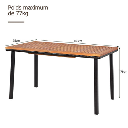 Table de Jardin Extérieur, Table à Manger en Bois avec Trou de Parasol, Idéal pour Terrasse, Patio, Cour, Piscine, 140x75x76CM