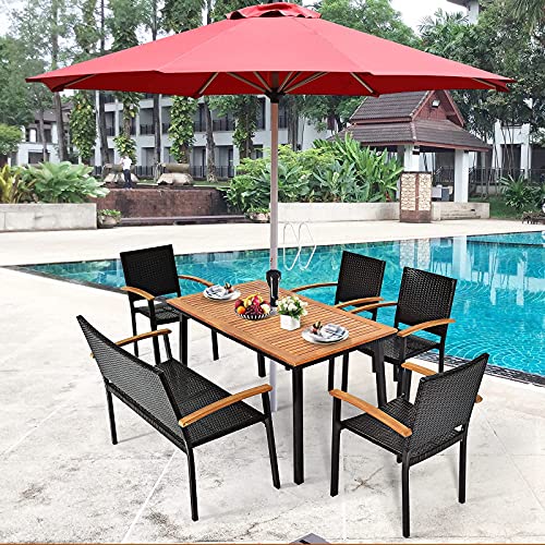 Table de Salle à Manger en Bois d’Acacia, Table de Jardin avec Trou de Parapluie et Cadre en Acier, Convient pour Terrasse, Jardin, Patio, pour 6-8 Personnes, 140x75x76CM